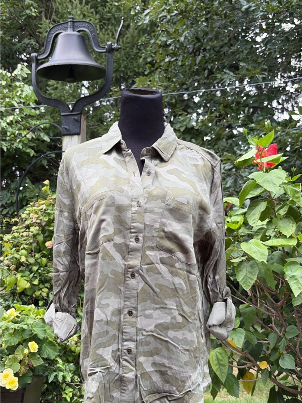 a.n.a Camo Button-Up Blouse in Olive and Beige Tones